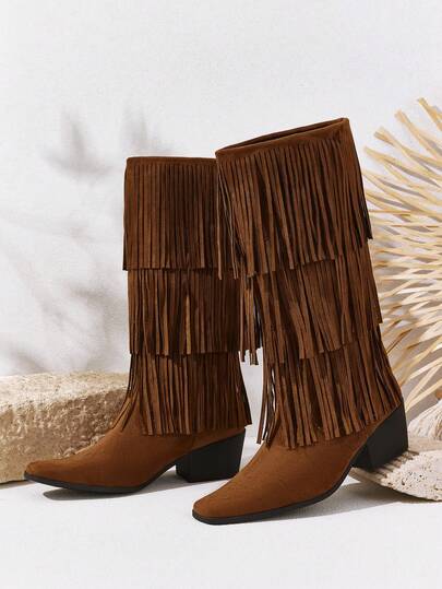 Styleloop بوت بكعب سميك مربعة الأصبع مزينة بشريط بني من الجلد المدبوغ، أنيقة ومريحة للارتداء، مناسبة للمناسبات العادية والحفلات والنوادي الليلية وعيد الهالوين وعيد الميلاد والمهرجانات الموسيقية في فصل الخريف، بلون بني غربي/أساسي