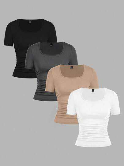 SHEIN EZwear 4pcs/Set Casual Solid Color Versatile Square Neck Short Sleeve T-Shirt, Suitable For Autumn & Summer, Plus Size