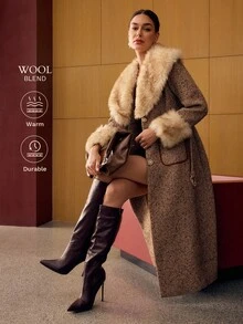 MOTF PREMIUM 女士羊毛混纺粗花呢中长款大衣，配仿皮饰边和毛领，秋冬 - 咖啡棕 - 查看 1