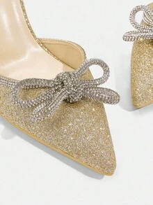 CUCCOO TILAWA Gold Glitter Rhinestone Bow Decor Strap Hollow Out Fashionable Sexy Gold Color High Heels - Gold - View 5
