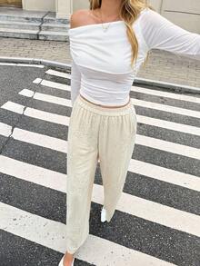 SHEIN Frenchy Women's Casual Khaki Apricot-Colored Slant-Pocket Textured Sequined Elastic Waist Pants For Everyday Casual And Party Wear - Apricot - View 6