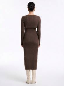 SHEIN LUNE 2pcs Maillard Long Sleeve Shawl Collar Cardigan & Ribbed Camisole Maxi Dress Set, Spring/Autumn - Coffee Brown - View 5