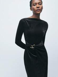 Maija Women's Elegant Long Sleeve Ruched Split Midi Dress, Autumn Black High Slit Dress Split Dress Wrap Dress,Black Dresses For Women,Black Dress ,Elegant Dresses For Women, Elegant Evening Dresses, New Year Outfit , Halloween Costumes , Autumn Outfits For Women, Women's Winter Clothes - Black - View 5