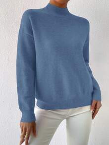 EMERY ROSE Minimalist Solid Color Long Sleeve Casual Loose Pullover Sweater For Women,Fall - Blue - View 6