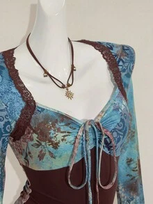 SHEIN ICON Áo cánh rộng tay dài xếp nếp in họa tiết cổ điển dành cho nữ - Nhiều màu - Xem 7