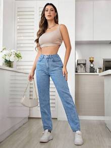 SHEIN PETITE Quần jean nữ cạp cao dáng rộng, thích hợp mặc mùa hè. - Rửa trung bình - Xem 4