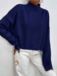 EURMUSE Mock Neck Drop Shoulder Sweater - Navy Blue - View 3