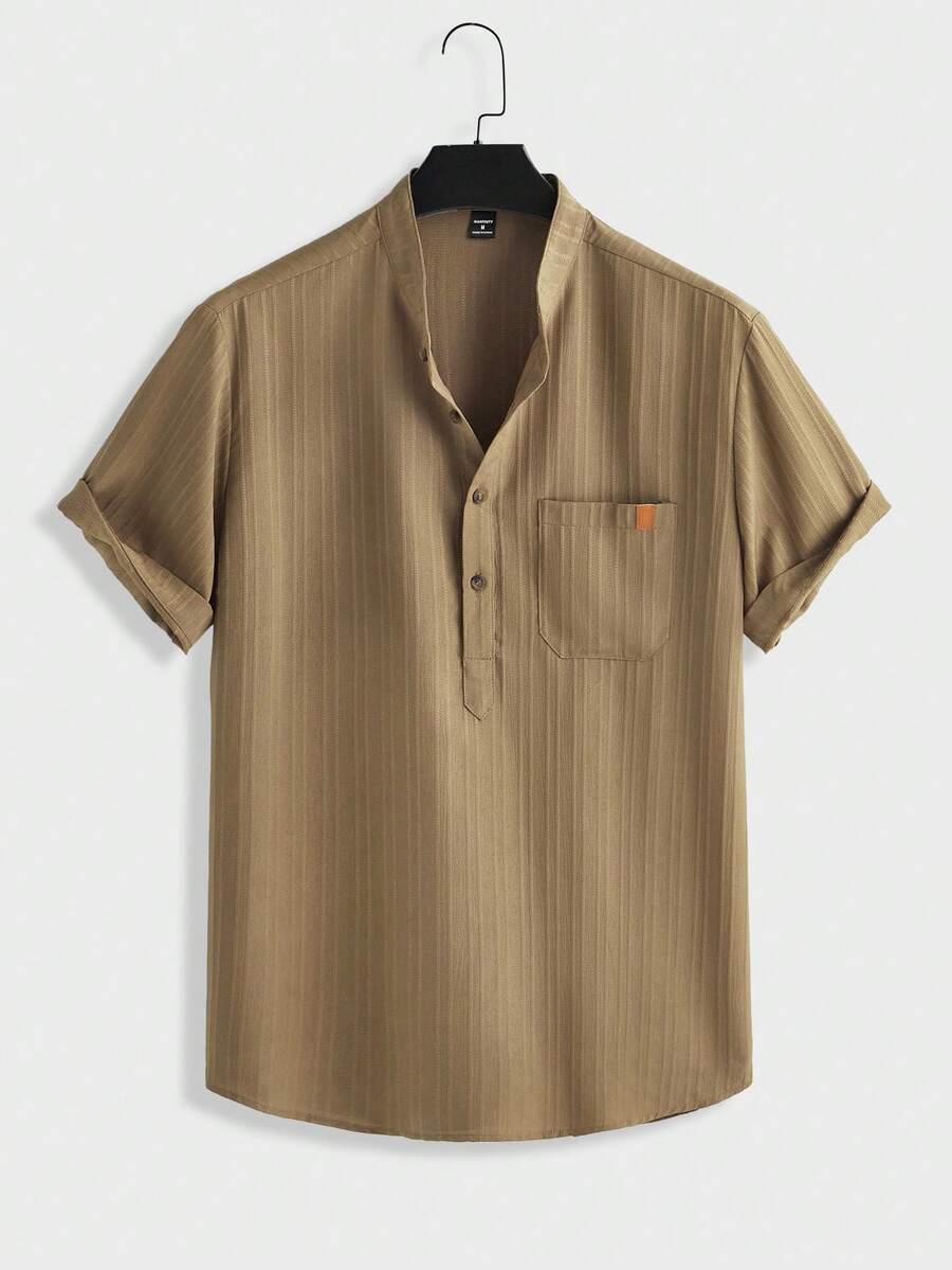 Manfinity Homme Men's Solid Color Short Sleeve Button Half Placket Pocket Casual Shirt - Khaki - View 1