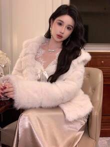 DAZY 女士优雅长袖连帽保暖仿皮草大衣，秋冬夹克 - 杏色 - 查看 5