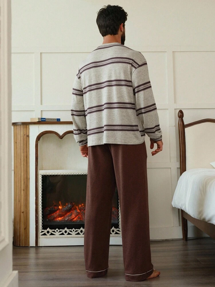 Men's Contrast Striped Print T-Shirt With Solid Color Elastic Waist Pants Loungewear Set Casual Home Outfit, Autumn, Fall Winter Clothes Pajama