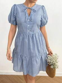 Flirla Plus Size Striped Mini V-Neck Drawstring Patchwork Short Sleeve Shift Dress - Blue - View 4