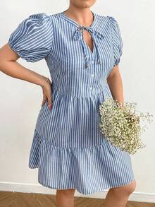 Flirla Plus Size Striped Mini V-Neck Drawstring Patchwork Short Sleeve Shift Dress - Blue - View 6