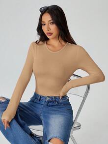 SHEIN PETITE Solid Long Sleeve Slim Fit White T-Shirt Bodysuit