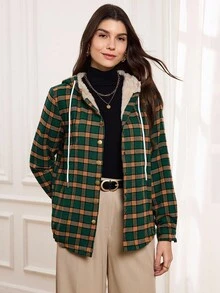 Miaspire Plaid Print Teddy Lined Snap Button Drawstring Hooded Coat - Dark Green - View 3