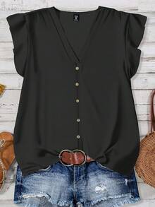 EMERY ROSE Plus Size Casual Minimalist Dark Grey Shirt, Suitable For SummerIn Fall/Winter - Dark Grey - View 1
