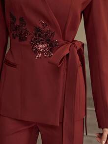ZEYLAH Chaqueta blazer de mujer con mangas largas, unicolor, con decoración de lentejuelas florales y lazo lateral, para otoño - Rojo - Ver 2