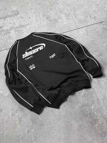 Claim Dot Men's Contrast Trim Letter Print Pullover Sweatshirt - Black - View 2