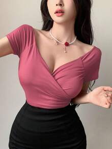 DAZY 休闲简约纯色裹身短袖双面穿T恤外出上衣 女款 - 粉色 - 查看 3