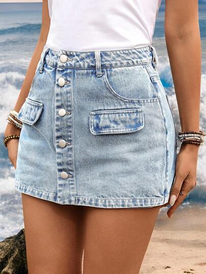 Breezaya 大码女式休闲复古百搭简约牛仔短裙