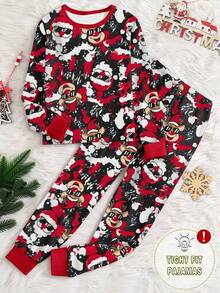 1 Conjunto de pijama de manga larga de ajuste ceñido con cuello redondo y estampado de Papá Noel y ciervos para niños adolescentes, primavera/otoño - Rojo - Ver 1