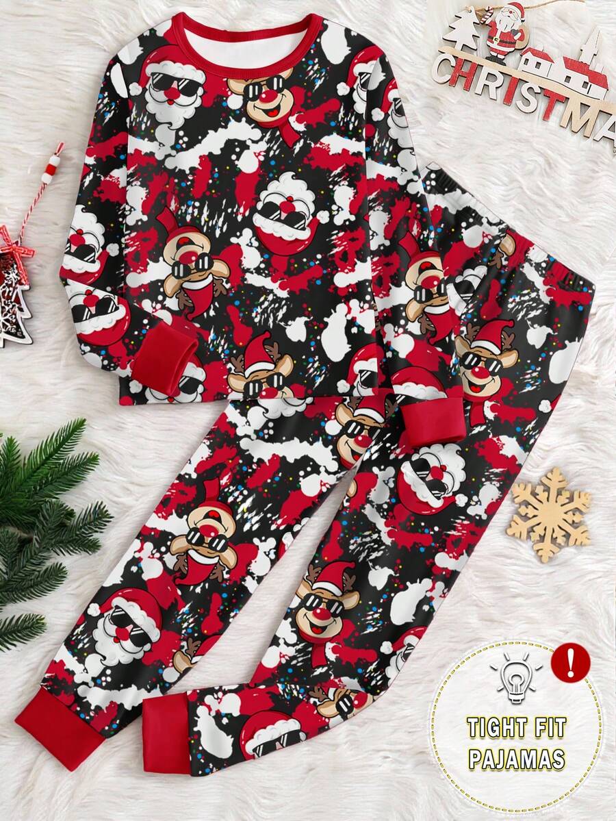 1 Conjunto de pijama de manga larga de ajuste ceñido con cuello redondo y estampado de Papá Noel y ciervos para niños adolescentes, primavera/otoño - Rojo - Ver 1