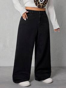 SHEIN ICON 大码休闲百搭纯色阔腿牛仔裤 - 黑色 - 查看 4