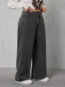 SHEIN ICON 大码女式高腰口袋阔腿宽松休闲牛仔裤 - 灰色 - 查看 3