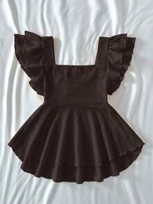 SHEIN 少女夏日阳光甜美休闲舒适荷叶边袖提花针织T恤，家居服，可爱，适合派对、情人节 - 棕色 - 查看 2