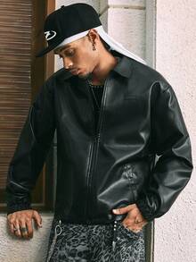 AXEPEAK Men's Casual Loose Fit Streetwear Leather Jacket With Backside Letter Graphic, Fall Winter - Black - View 4