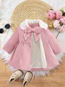 SHEIN Babygirl Cute Pink Fuzzy Collar Patchwork Jacket, Autumn/Winter Baby Girl Coats Baby Girl Pink Coat Toddler Girl Coats Girls Winter Coat Girls Dress Coat Fall - Pink - View 1