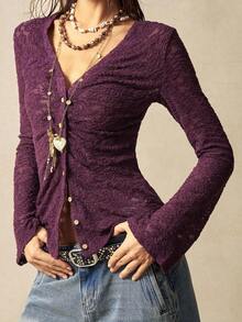 Bohemela 大码女式V领单排扣长袖褶皱时尚衬衫 - 紫色 - 查看 4