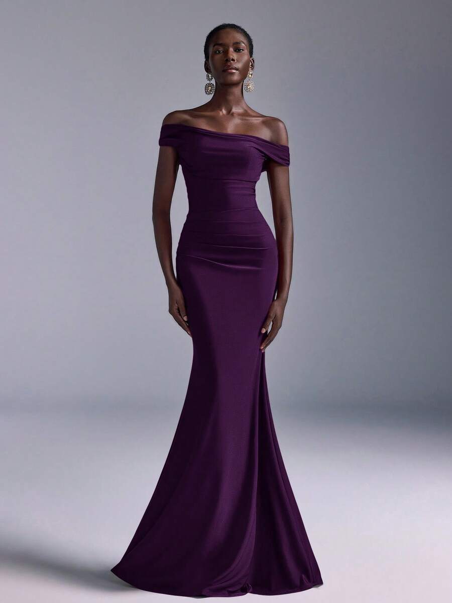 Elitara Váy đuôi cá trễ vai nhún bèo thanh lịch, thích hợp cho đám cưới, tiệc tùng, kỳ nghỉ, dạ hội, phù dâu (người lớn) - Màu tím - Xem 1