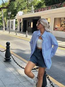 Jouncy 女式宽松长袖蓝白格子衬衫，休闲户外/度假装，夏季/秋季 - 藍色 - 查看 3