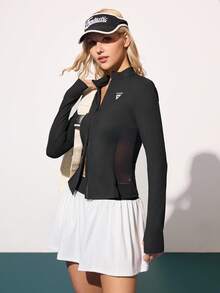 CourtClass CourtClass Chaqueta deportiva casual de yoga y tenis para mujer con ajuste ceñido, parches de malla con cremallera doble, eslogan personalizado, agujero para el pulgar, cordón y cuello alto, adecuada para todas las estaciones - Negro - Ver 5