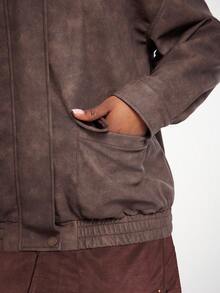 SHEIN SXY Áo khoác da PU cổ điển, sang trọng, quyến rũ, quyến rũ, gợi cảm, giản dị, phong cách tối giản, cổ điển, thanh lịch, có túi lớn, cỡ lớn dành cho nữ mùa thu đông - màu nâu - Xem 2