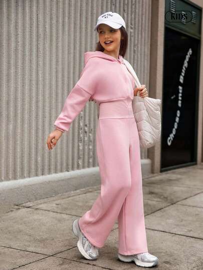 Hanevo Tween Girl Hooded Zip-Up Sweatshirt And High Waisted Thermal Lined Pants Jumpsuit