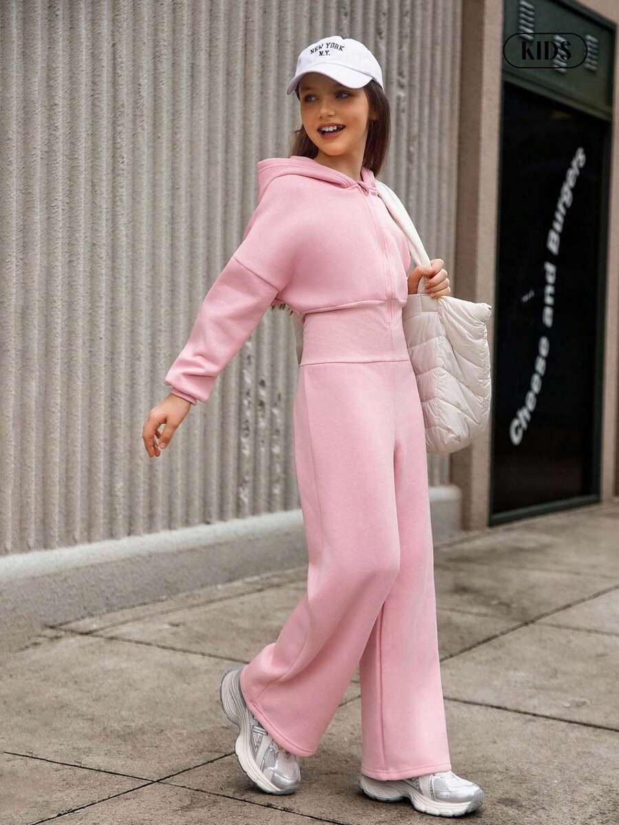 Hanevo Tween Girl Hooded Zip-Up Sweatshirt And High Waisted Thermal Lined Pants Jumpsuit - Pink - View 1