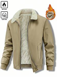 Manfinity Homme Men's Plus Size Winter Fleece Coat, Modest Hiking Outdoor, Loose Khaki Lapel Quilted Lining Zipper Pocket Coat - Khaki - View 1