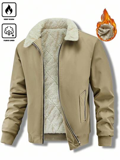 Manfinity Homme Plus Size Men's Autumn And Winter Zipper Lapel Long-Sleeved Fleece Outdoor Windbreaker Jacket, Khaki Loose Jacket, Solid Color Lapel Fleece Clothing, Pocket Zipper Contrast Design, Quilted Lining Design, Suitable For Daily Casual Wear, Weekend Trips, Outdoor Activities, Street Style, Travel And Relaxed Work Environment, It Is An Ideal Gift For Your Boyfriend Or Husband.
