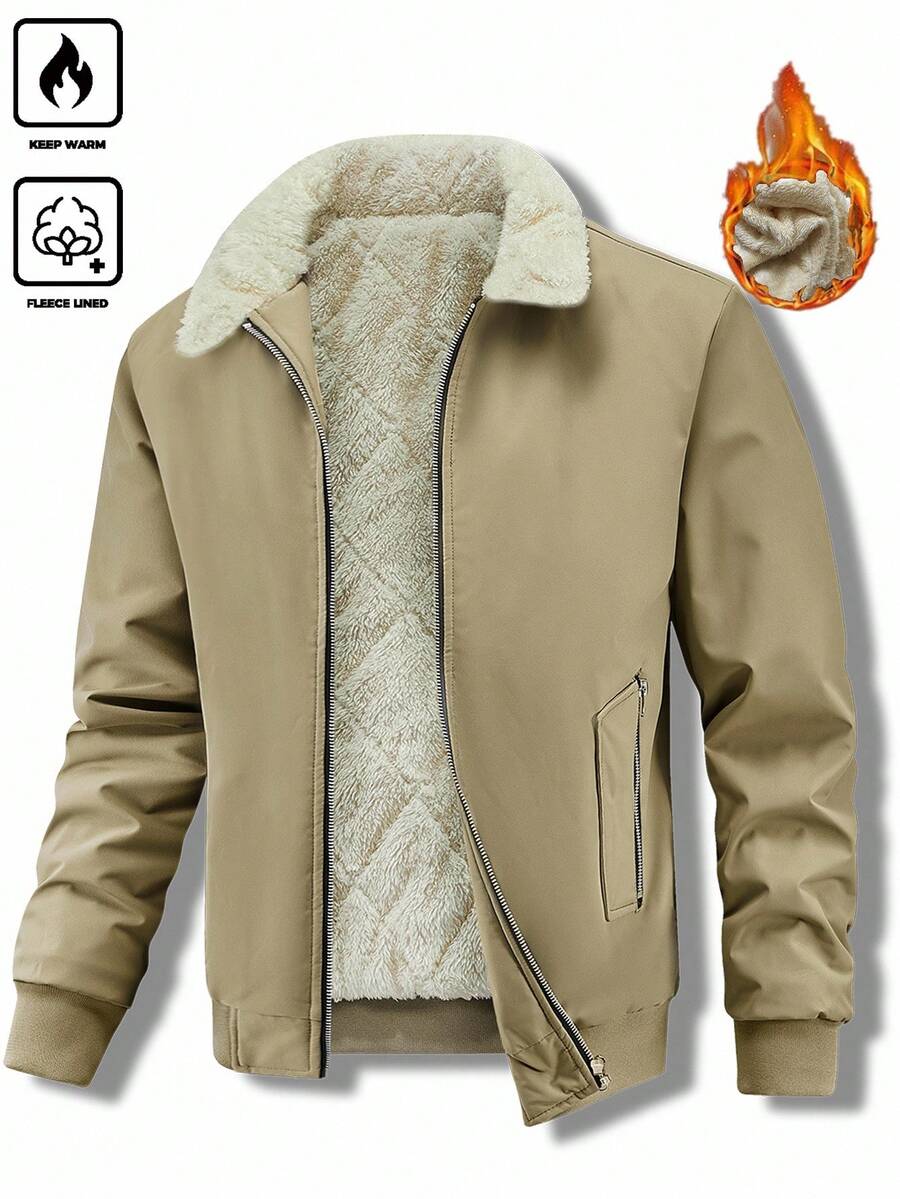Manfinity Homme Men's Plus Size Winter Fleece Coat, Modest Hiking Outdoor, Loose Khaki Lapel Quilted Lining Zipper Pocket Coat - Khaki - View 1
