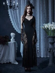 Glisette Women's Lace Patchwork Sleeveless Sexy Sheer Lace-Up Bodycon Dress - Black - View 4