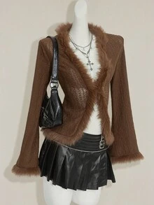 SHEIN ICON 女式复古波西米亚性感 Y2K 针织提花拼布毛领棕色 T 恤 - 棕色 - 查看 5