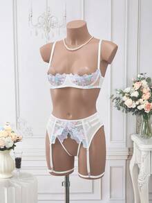SHEIN 7 件/套女士性感内衣：刺绣网眼上衣 + 丁字裤 + 腰带 + 2 个腿环 + 2 个乳贴 - 彩色 - 查看 8