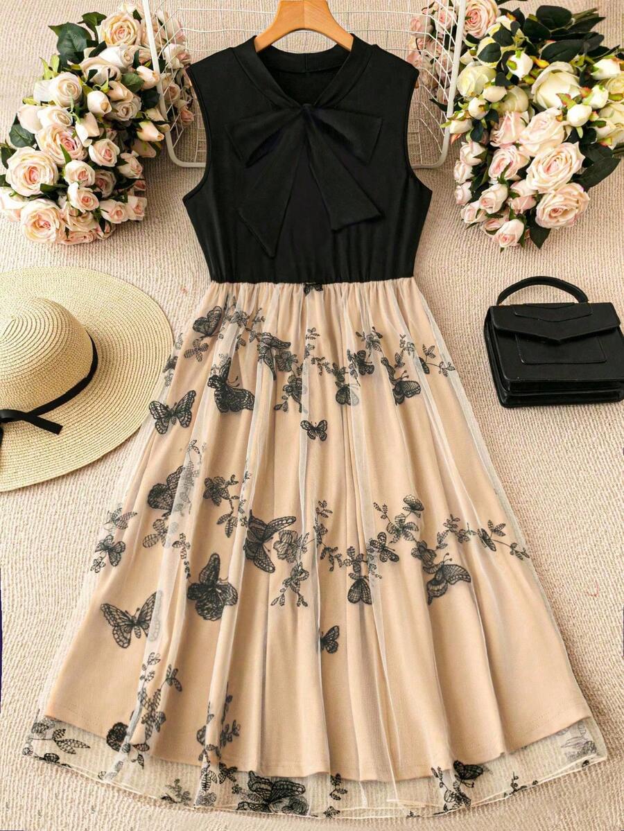 SHEIN Belle 大碼女裝夏季蝴蝶網紗邊系頸無袖簡約優雅連衣裙 - 彩色 - 查看 1