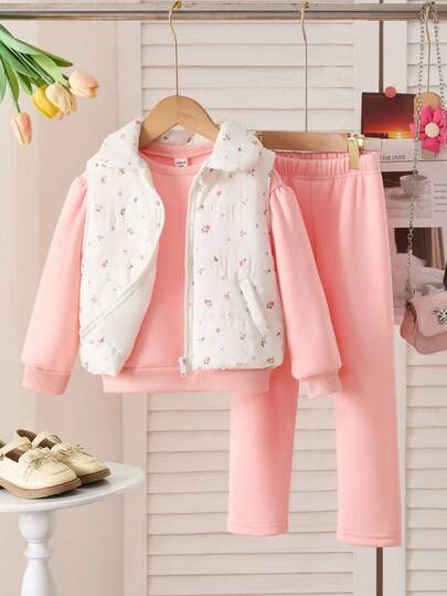 SHEIN Playful Pals 3 件套小女孩冬季新款幼儿服装 - 小碎花拉链背心夹克、圆领羊毛运动衫、直筒裤套装