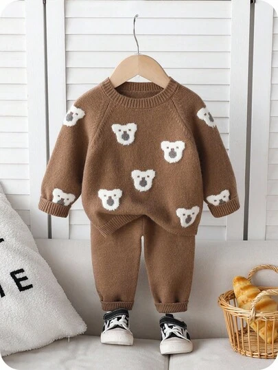 Souflis Souflis Baby Boys Teddy Bear Jacquard Knit Sweater Set, Soft & Thick Fabric, Suitable For Casual Wear, Autumn/Winter Fall