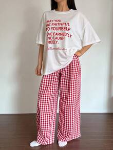 DAZY Letter Print Graphic Loose T-Shirt And Plaid Straight-Leg Pants Pajamas Set - Light Grey - View 4