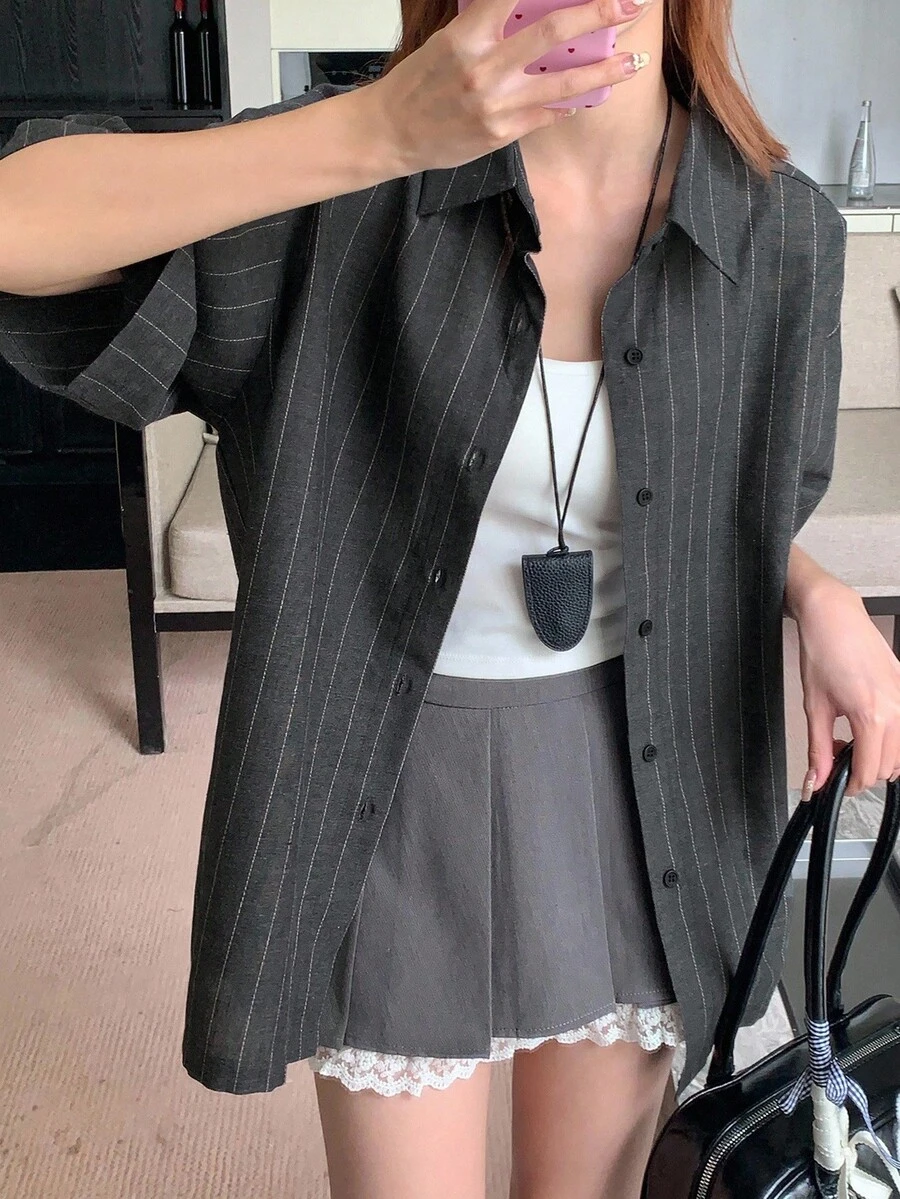 DAZY Women's Dark Grey Pinstriped Casual Blouse With Half Sleeves And Collar Neckline For A Chic Everyday Look - Dark Grey - View 1