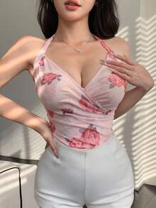 DAZY Áo tank top lưới họa tiết hoa cổ yếm cho nữ, áo kiểu boho, trang phục đi nghỉ mát, trang phục du lịch biển cho nữ. - Hồng - Xem 2