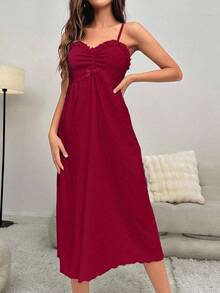 SHEIN Women's Fashion Solid Color Spaghetti Strap Slip Dress & Robe Pajama Set , Fall Winter Clothes - Burgundy - View 4